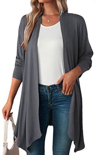 WINKEEY Damen Strickjacke Langarm Open Front Casual Dünn Cardigan Leichte Weiche Frühling Top Elegant Gestrickt Jacke, Dunkelgrau L von WINKEEY