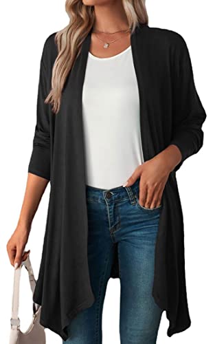 WINKEEY Damen Strickjacke Langarm Open Front Casual Dünn Cardigan Leichte Weiche Frühling Top Elegant Gestrickt Jacke, Schwarz L von WINKEEY