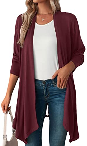 WINKEEY Damen Strickjacke Langarm Open Front Casual Dünn Cardigan Leichte Weiche Frühling Top Elegant Gestrickt Jacke, Weinrot M von WINKEEY