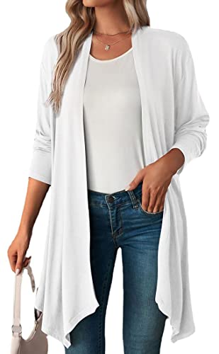 WINKEEY Damen Strickjacke Langarm Open Front Casual Dünn Cardigan Leichte Weiche Frühling Top Elegant Gestrickt Jacke, Weiß M von WINKEEY