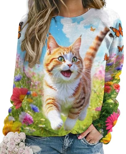 WINKEEY Damen Sweatshirt mit Katzenmuster Katze Langarmshirt Süße Tier Drucken Sweatshirt Damen Ohne Kapuze Lustige Pullover,Katze2 XL von WINKEEY