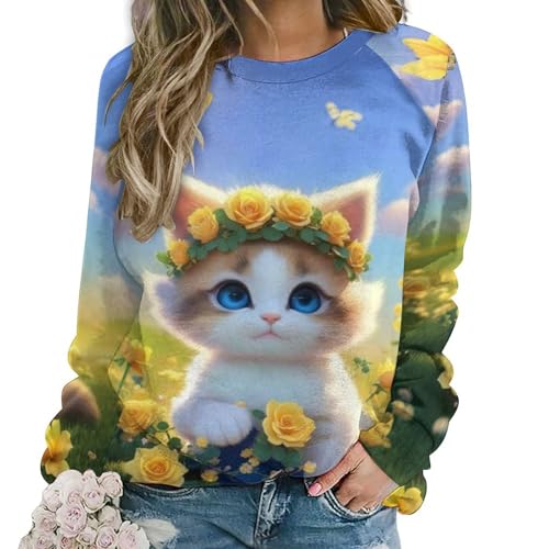 WINKEEY Damen Sweatshirt mit Katzenmuster Katze Langarmshirt Süße Tier Drucken Sweatshirt Damen Ohne Kapuze Lustige Pullover,Katze4 L von WINKEEY