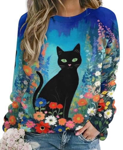 WINKEEY Damen Sweatshirt mit Katzenmuster Katze Langarmshirt Süße Tier Drucken Sweatshirt Damen Ohne Kapuze Lustige Pullover,Katze5 3XL von WINKEEY