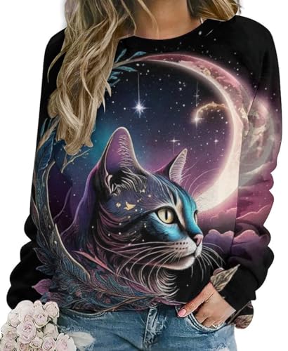 WINKEEY Damen Sweatshirt mit Katzenmuster Katze Langarmshirt Süße Tier Drucken Sweatshirt Damen Ohne Kapuze Lustige Pullover,Katze7 3XL von WINKEEY