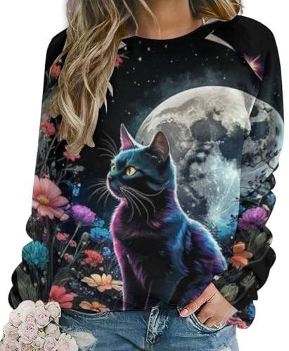WINKEEY Damen Sweatshirt mit Katzenmuster Katze Langarmshirt Süße Tier Drucken Sweatshirt Damen Ohne Kapuze Lustige Pullover,Katze8 M von WINKEEY