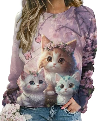 WINKEEY Damen Sweatshirt mit Katzenmuster Katze Langarmshirt Süße Tier Drucken Sweatshirt Damen Ohne Kapuze Lustige Pullover,Katze9 XXL von WINKEEY