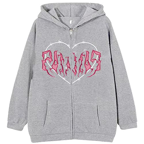 WINKEEY Damen Y2K Zip Up Hoodie Harajuku Jacke Skelett Pullover Herbst Winter Oversized Kapuzenpullover Langarm Sweatshirtt,Grau M von WINKEEY