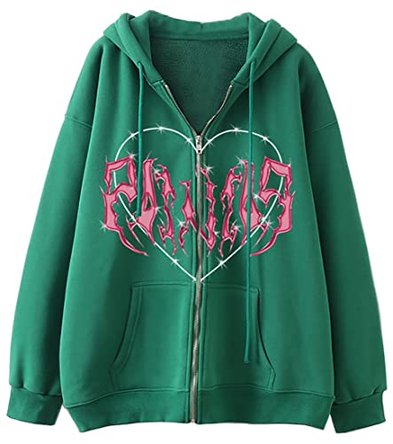 WINKEEY Damen Y2K Zip Up Hoodie Harajuku Jacke Skelett Pullover Herbst Winter Oversized Kapuzenpullover Langarm Sweatshirtt,Grün L von WINKEEY