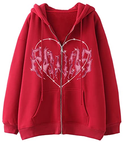 WINKEEY Damen Y2K Zip Up Hoodie Harajuku Jacke Skelett Pullover Herbst Winter Oversized Kapuzenpullover Langarm Sweatshirtt,Rot 3XL von WINKEEY