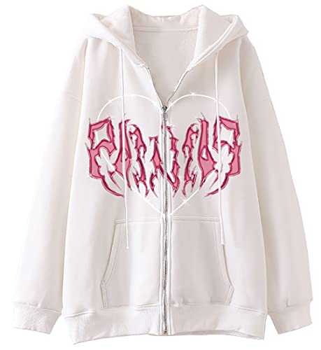 WINKEEY Damen Y2K Zip Up Hoodie Harajuku Jacke Skelett Pullover Herbst Winter Oversized Kapuzenpullover Langarm Sweatshirtt,Weiß 3XL von WINKEEY