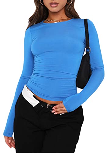 WINKEEY Essentials T-Shirt Damen Langarmshirt Y2k Tops Basic Shirt Sexy Einfarbig Slim Fit Crop Top Casual Rundhals Longsleeve Enges Oberteile, Blau L von WINKEEY