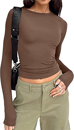 WINKEEY Essentials T-Shirt Damen Langarmshirt Y2k Tops Basic Shirt Sexy Einfarbig Slim Fit Crop Top Casual Rundhals Longsleeve Enges Oberteile, Braun S von WINKEEY