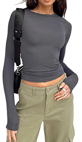 WINKEEY Essentials T-Shirt Damen Langarmshirt Y2k Tops Basic Shirt Sexy Einfarbig Slim Fit Crop Top Casual Rundhals Longsleeve Enges Oberteile, Grau L von WINKEEY