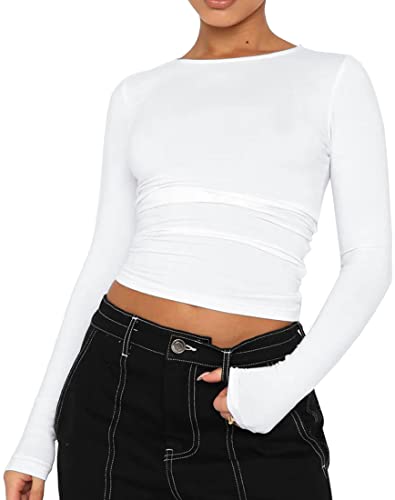 WINKEEY Essentials T-Shirt Damen Langarmshirt Y2k Tops Basic Shirt Sexy Einfarbig Slim Fit Crop Top Casual Rundhals Longsleeve Enges Oberteile, Weiß L von WINKEEY