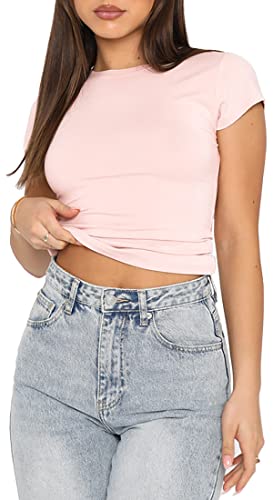 WINKEEY Essentials T-Shirt Y2K Crop Top Kurzarm Damen Sommer Sexy Shirt Einfarbig Basic Outfits Bauchfrei Streetwear, Rosa L von WINKEEY