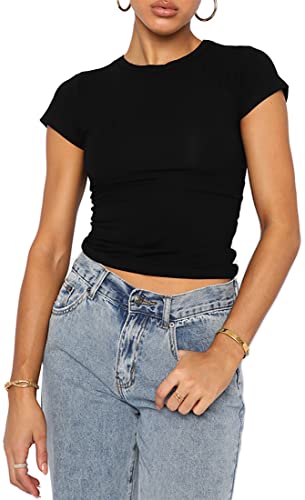 WINKEEY Essentials T-Shirt Y2K Crop Top Kurzarm Damen Sommer Sexy Shirt Einfarbig Basic Outfits Bauchfrei Streetwear, Schwarz S von WINKEEY