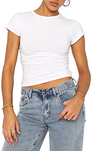 WINKEEY Essentials T-Shirt Y2K Crop Top Kurzarm Damen Sommer Sexy Shirt Einfarbig Basic Outfits Bauchfrei Streetwear, Weiß L von WINKEEY