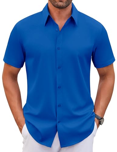 WINKEEY Hemd Herren Kurzarm Casual Regular Fit Bügelfrei Business Hemd Faltenfrei Formale Hemden mit Stretch,Blau L von WINKEEY