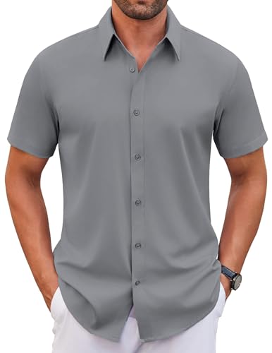 WINKEEY Hemd Herren Kurzarm Casual Regular Fit Bügelfrei Business Hemd Faltenfrei Formale Hemden mit Stretch,Grau XL von WINKEEY