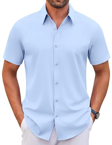 WINKEEY Hemd Herren Kurzarm Casual Regular Fit Bügelfrei Business Hemd Faltenfrei Formale Hemden mit Stretch,Hellblau XL von WINKEEY