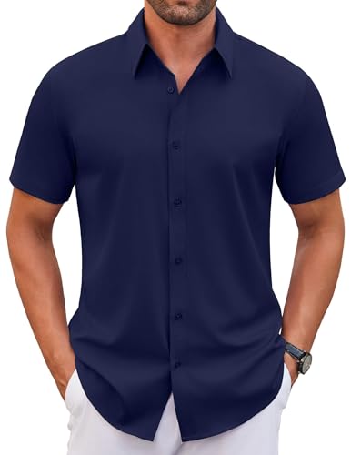 WINKEEY Hemd Herren Kurzarm Casual Regular Fit Bügelfrei Business Hemd Faltenfrei Formale Hemden mit Stretch,Navy Blau XL von WINKEEY