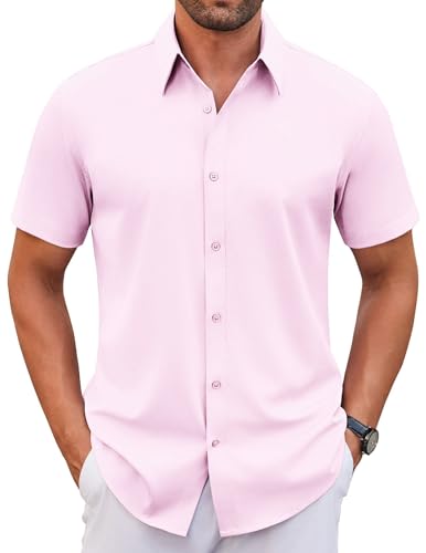 WINKEEY Hemd Herren Kurzarm Casual Regular Fit Bügelfrei Business Hemd Faltenfrei Formale Hemden mit Stretch,Rosa XL von WINKEEY