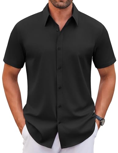 WINKEEY Hemd Herren Kurzarm Casual Regular Fit Bügelfrei Business Hemd Faltenfrei Formale Hemden mit Stretch,Schwarz XXL von WINKEEY