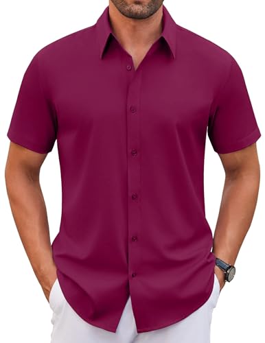 WINKEEY Hemd Herren Kurzarm Casual Regular Fit Bügelfrei Business Hemd Faltenfrei Formale Hemden mit Stretch,Weinrot L von WINKEEY