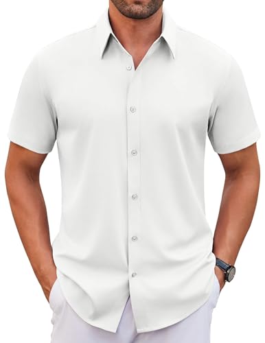 WINKEEY Hemd Herren Kurzarm Casual Regular Fit Bügelfrei Business Hemd Faltenfrei Formale Hemden mit Stretch,Weiß XXL von WINKEEY
