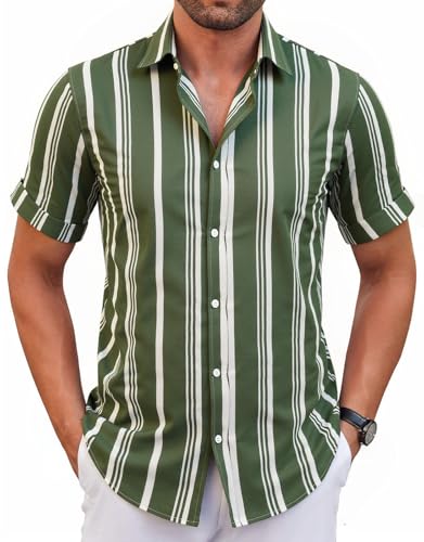 WINKEEY Hemd Herren Kurzarm Gestreiftes Hemd Freizeithemd Casual Sommer Regular Fit,Armygrün L von WINKEEY