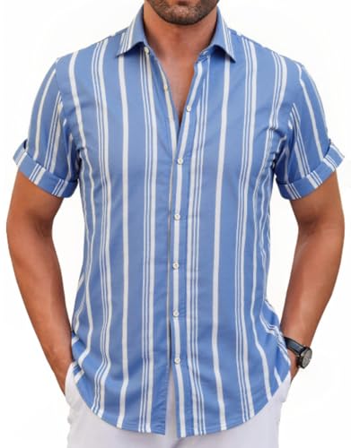 WINKEEY Hemd Herren Kurzarm Gestreiftes Hemd Freizeithemd Casual Sommer Regular Fit,Blau M von WINKEEY