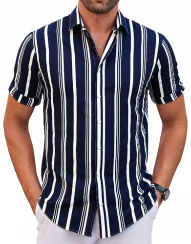WINKEEY Hemd Herren Kurzarm Gestreiftes Hemd Freizeithemd Casual Sommer Regular Fit,Navy Blau XL von WINKEEY