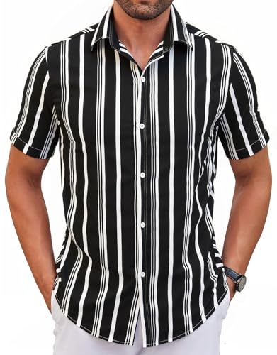 WINKEEY Hemd Herren Kurzarm Gestreiftes Hemd Freizeithemd Casual Sommer Regular Fit,Schwarz XXL von WINKEEY