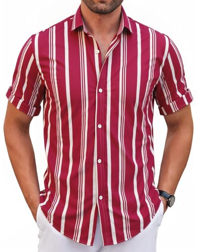 WINKEEY Hemd Herren Kurzarm Gestreiftes Hemd Freizeithemd Casual Sommer Regular Fit,Weinrot XXL von WINKEEY