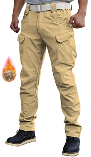 WINKEEY Herren Softshellhose Wasserdicht Wanderhose Outdoorhose Winddicht Warm Fleece Trekkinghose Winterhose Mit Taschen,Fleece Braun 2XL von WINKEEY