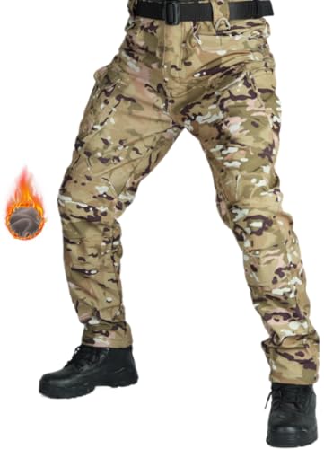 WINKEEY Herren Softshellhose Wasserdicht Wanderhose Outdoorhose Winddicht Warm Fleece Trekkinghose Winterhose Mit Taschen,Fleece Camouflage1 M von WINKEEY