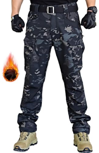WINKEEY Herren Softshellhose Wasserdicht Wanderhose Outdoorhose Winddicht Warm Fleece Trekkinghose Winterhose Mit Taschen,Fleece Camouflage2 M von WINKEEY