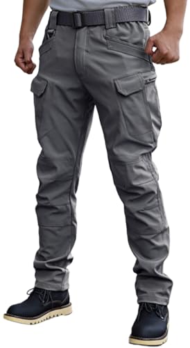 WINKEEY Herren Wanderhose Softshellhose Wasserdicht Outdoorhose Trekkinghose Cargohose Frühlings- und Herbsthosen mit Mehreren Taschen Für Männer,Grau M von WINKEEY