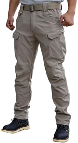 WINKEEY Herren Wanderhose Softshellhose Wasserdicht Outdoorhose Trekkinghose Cargohose Frühlings- und Herbsthosen mit Mehreren Taschen Für Männer,Khaki S von WINKEEY