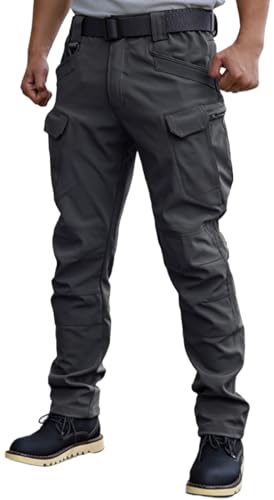 WINKEEY Herren Wanderhose Softshellhose Wasserdicht Outdoorhose Trekkinghose Cargohose Frühlings- und Herbsthosen mit Mehreren Taschen Für Männer,Schwarz 2XL von WINKEEY