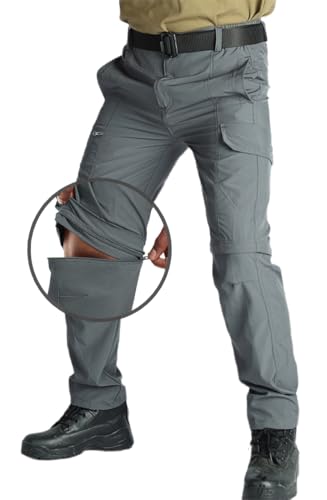 WINKEEY Herren Wanderhose Zip Off Atmungsaktiv Wasserdicht Softshellhose Outdoorhose Trekkinghose Entfernbar Sommer Cargohose mit 5 Taschen Für Männer,Grau 3XL von WINKEEY
