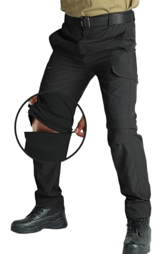 WINKEEY Herren Wanderhose Zip Off Atmungsaktiv Wasserdicht Softshellhose Outdoorhose Trekkinghose Entfernbar Sommer Cargohose mit 5 Taschen Für Männer,Schwarz 3XL von WINKEEY