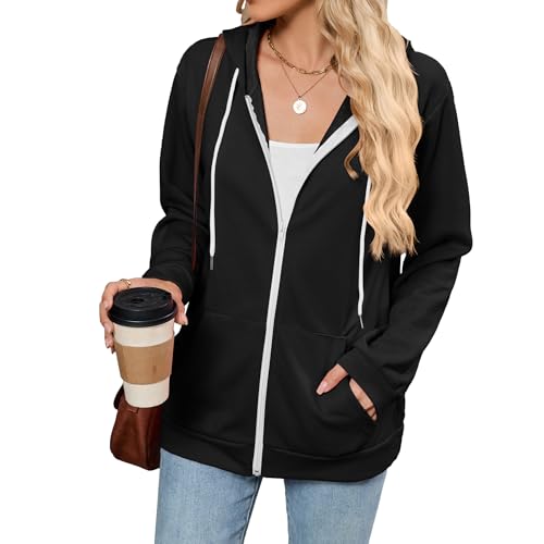 WINKEEY Hoodie Damen Sweatjacke Kapuzenjacke Herbst Winter Sweatshirt Jacke Kapuzenpullover Mit Reißverschluss Oversized Zip Hoodie,Schwarz XL von WINKEEY