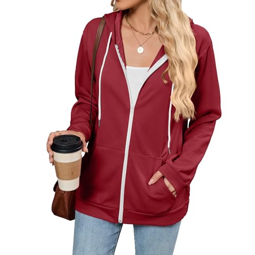 WINKEEY Hoodie Damen Sweatjacke Kapuzenjacke Herbst Winter Sweatshirt Jacke Kapuzenpullover Mit Reißverschluss Oversized Zip Hoodie,Weinrot L von WINKEEY