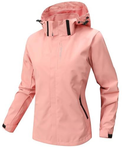 WINKEEY Jacke Damen Leichte Regenjacke Wasserdicht Atmungsaktiv Übergangsjacke Mit Kapuze Windbreaker Regenmantel Outdoorjacke Fahrradjacke,Rosa XL von WINKEEY
