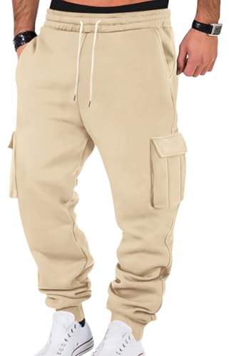 WINKEEY Jogginghose Herren Trainingshose Sporthose Lang Casual Freizeithose mit Taschen Elastische Taille mit Kordelzug Sweatpants,Beige M von WINKEEY