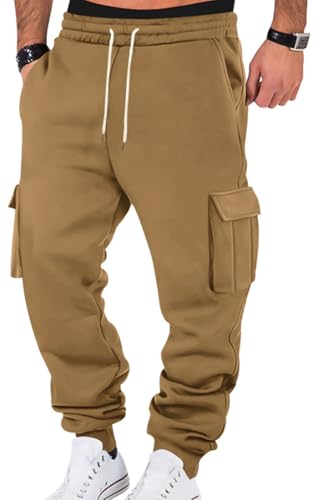 WINKEEY Jogginghose Herren Trainingshose Sporthose Lang Casual Freizeithose mit Taschen Elastische Taille mit Kordelzug Sweatpants,Braun L von WINKEEY