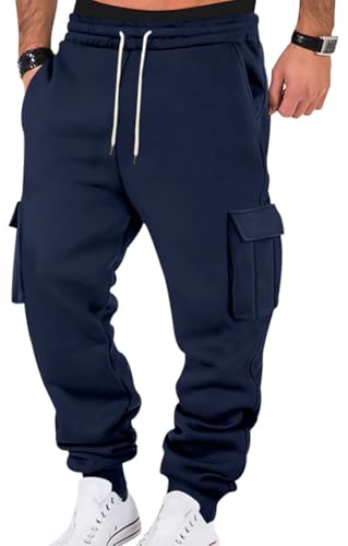 WINKEEY Jogginghose Herren Trainingshose Sporthose Lang Casual Freizeithose mit Taschen Elastische Taille mit Kordelzug Sweatpants,Navy Blau XXL von WINKEEY