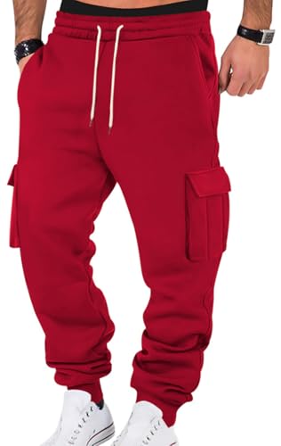 WINKEEY Jogginghose Herren Trainingshose Sporthose Lang Casual Freizeithose mit Taschen Elastische Taille mit Kordelzug Sweatpants,Rot XL von WINKEEY