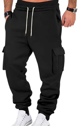 WINKEEY Jogginghose Herren Trainingshose Sporthose Lang Casual Freizeithose mit Taschen Elastische Taille mit Kordelzug Sweatpants,Schwarz M von WINKEEY